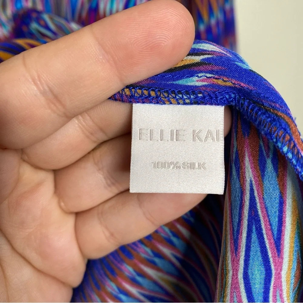 Ellie Kai Blue Orange Ikat Print Silk Blouse Top Women's Size 8 - Picture 8 of 9